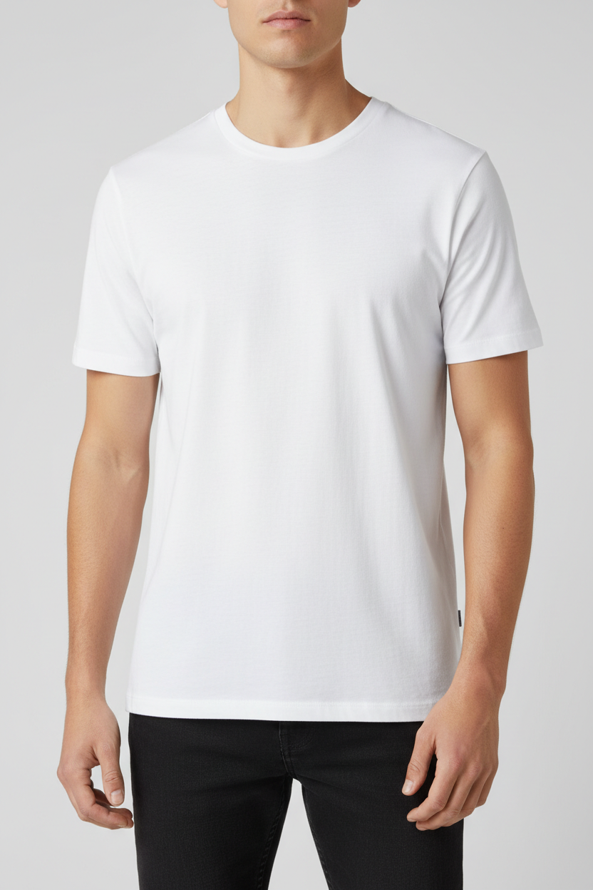 Model wearing Bella+Canvas 3001 Unisex Jersey T-Shirt in white